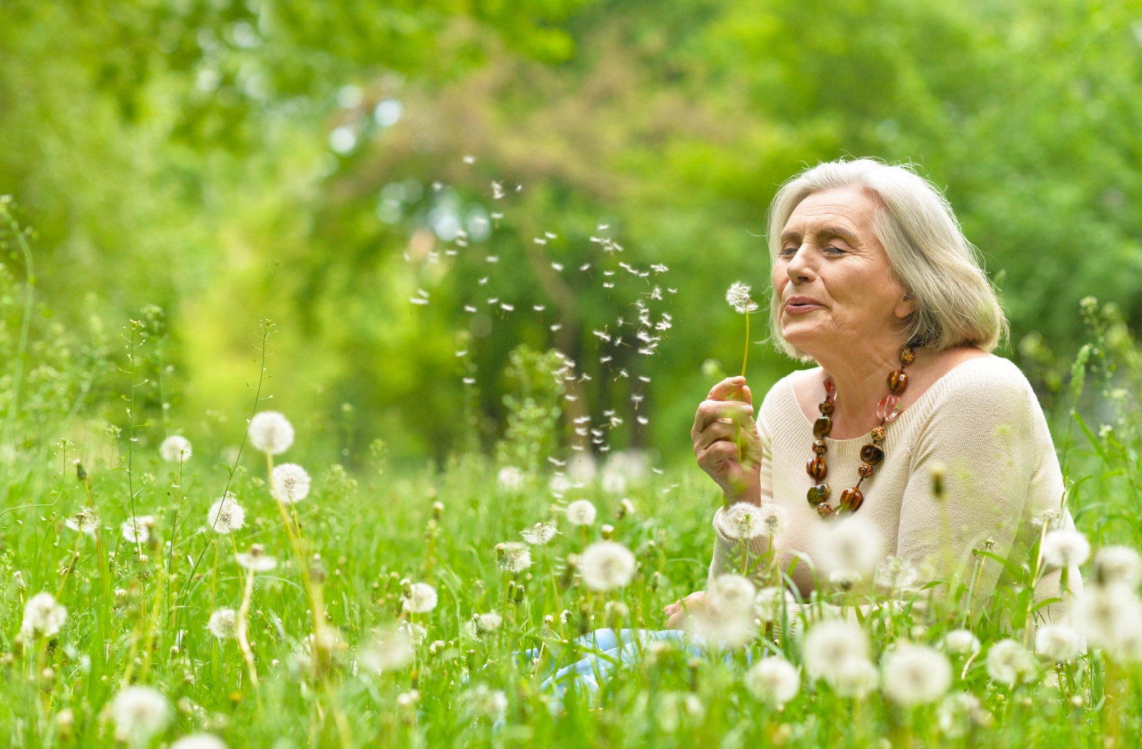 Happy Senior in a green park, blowing on a dandelion.