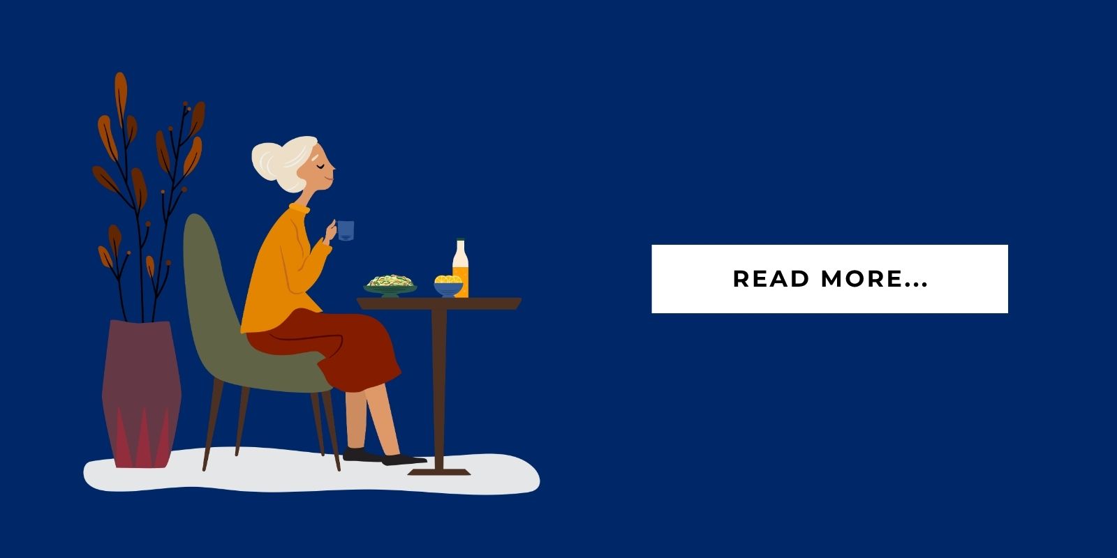 An illustration of a senior sitting comfortably while enjoying a meal, facing text that says "Read more."