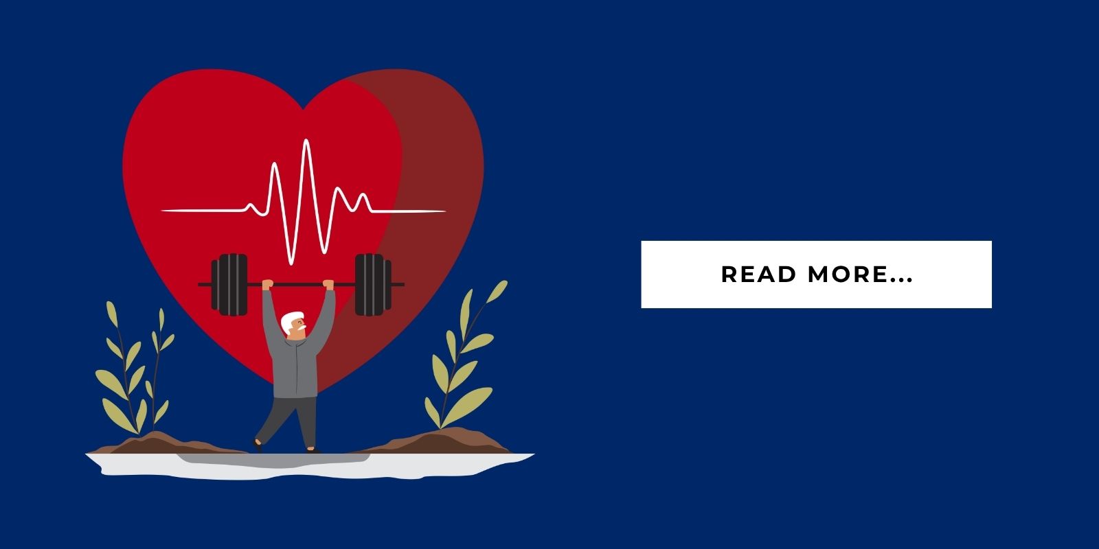 A blog header illustration featuring a senior lifting a barbell in front of a heart symbol with spiked heart-monitor waves. Beside the senior is text that says, "Read more."