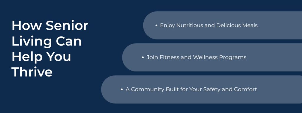An infographic titled "How Senior Living Can Help You Thrive" with three bullet points. 1. Enjoy Nutritious and Delicious Meals. 2. Join Fitness and Wellness Programs. 3. A Community Built for Your Safety and Comfort.