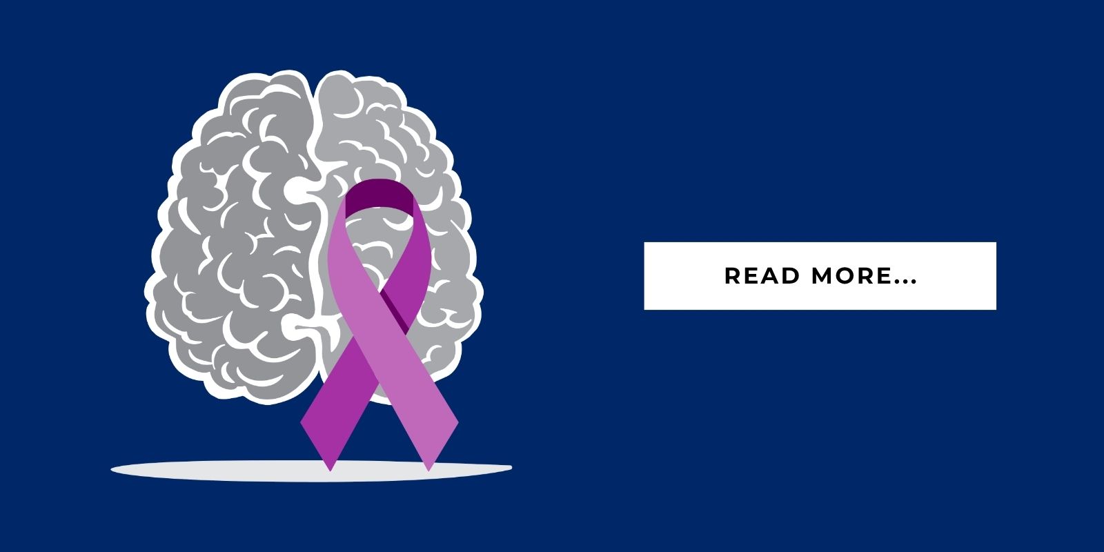 An illustration of a brain and a purple ribbon representing Alzheimer's disease. A text block says, "Read more."