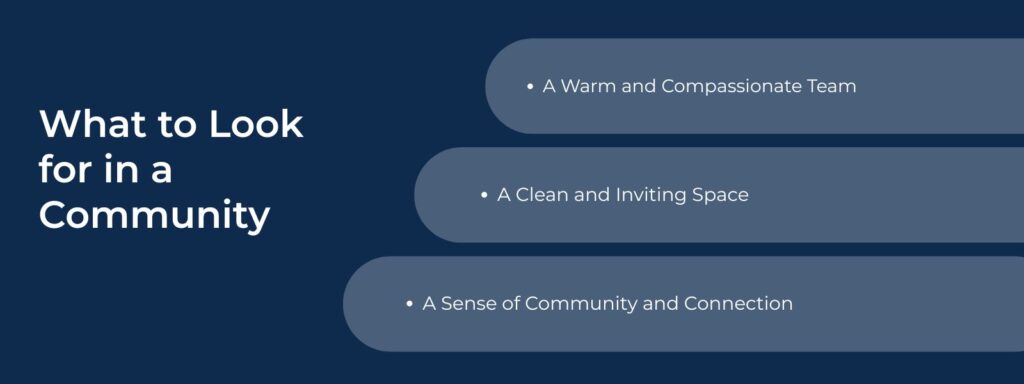 An infographic titled "What to Look for in a Community" with three bullet points. 1. A Warm and Compassionate Team. 2. A Clean and Inviting Space. 3. A Sense of Community and Connection.