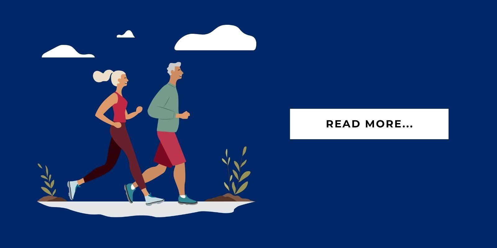 An illustration of two seniors jogging with a button that says, "Read More..."