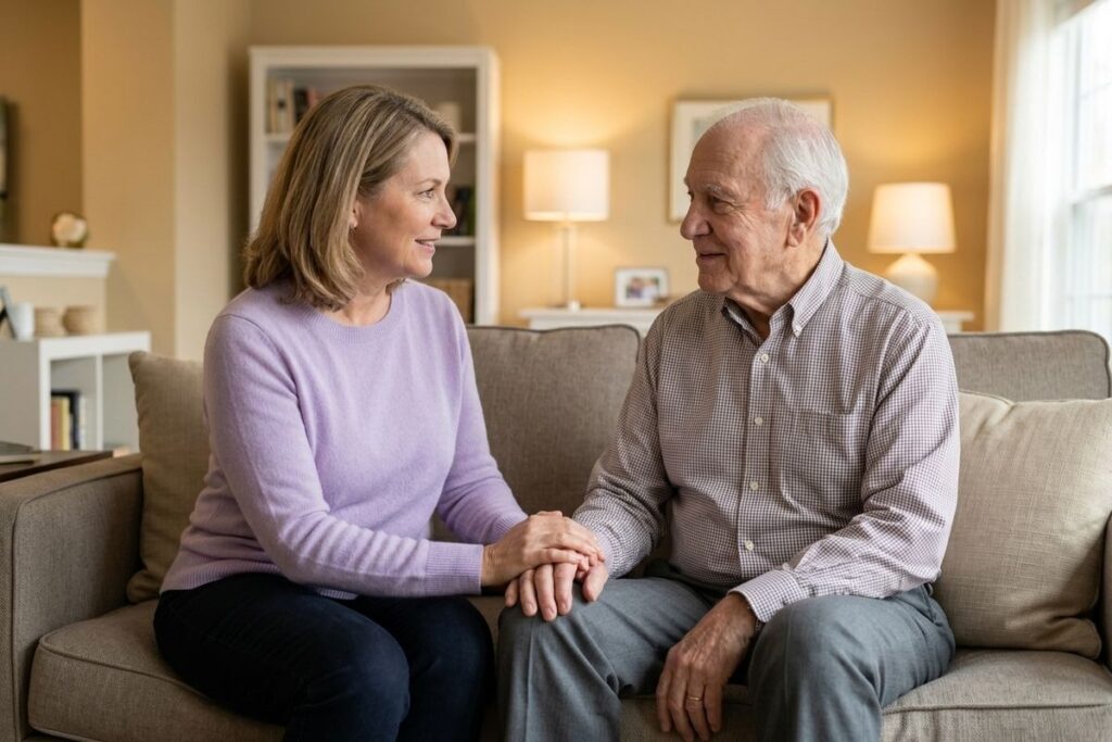 An adult and senior starting at each other on a couch
