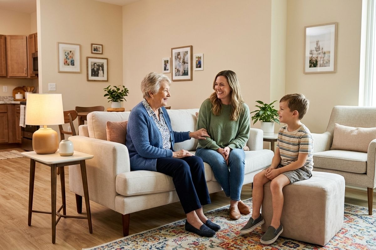 A younger and older adult talking while smiling and sitting on a sofa, and a younger child watching while also sat.