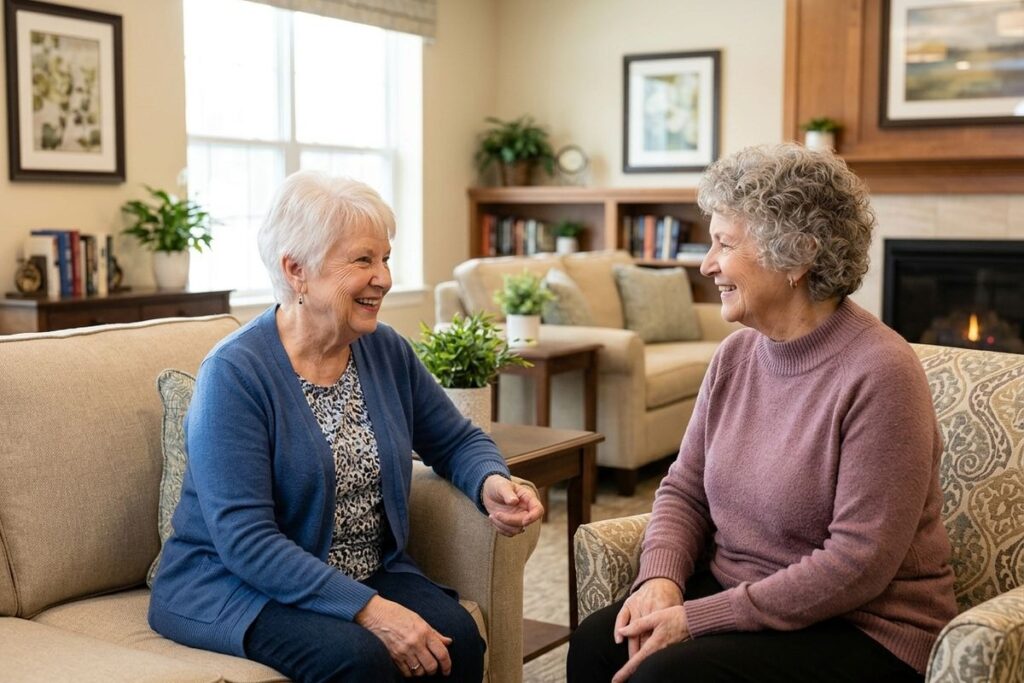 Two older adults sitting, talking to each other with bookshelves in the back of the room. 