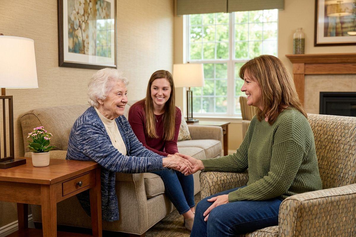 Three adults sit in a beige-colored living room, smiling. A senior holds hands with another while a younger adult looks on.