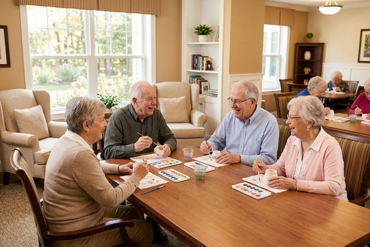 Four smiling seniors painting with watercolor at a table in a bright communal room, with more seniors painting in the background.