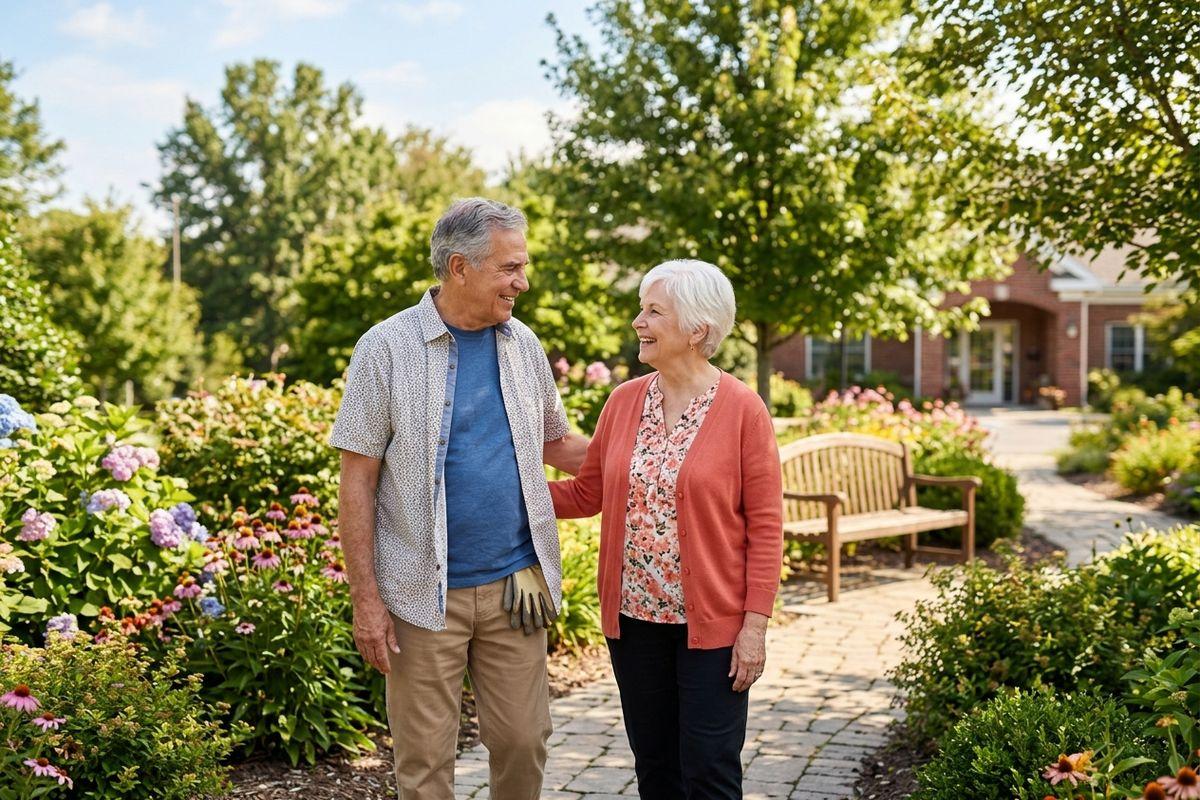 A pair of older adults pauses during a walk to enjoy flowers in a vibrant garden in their retirement community.