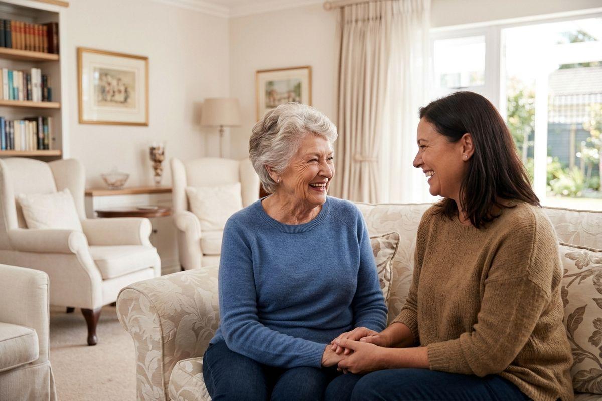 A senior is sitting on a sofa in a living room, holding hands with a younger woman. They smile at each other as they share an affirming gaze.