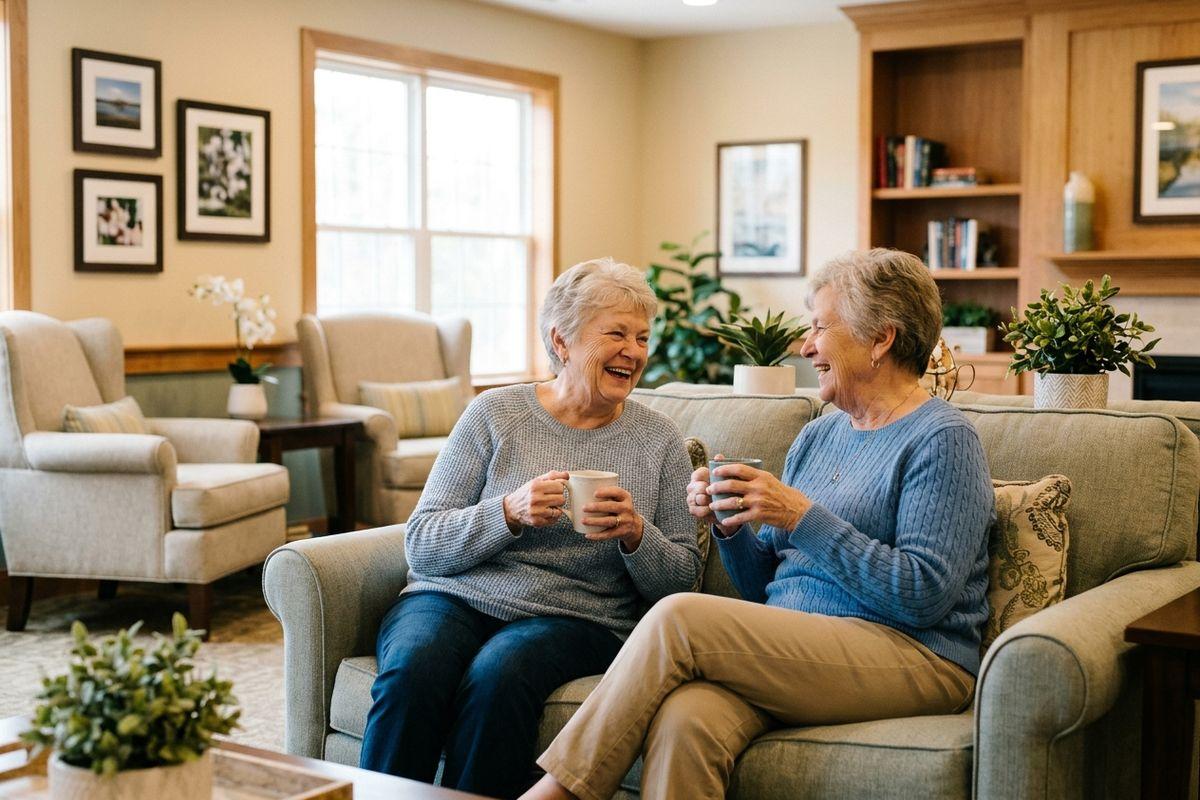 Two seniors sitting on a sofa, laughing and holding mugs in a comfortable lounge room with armchairs and bookshelves.