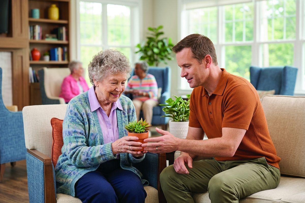 A caregiver helps a senior plant a succulent plant in a senior living community.