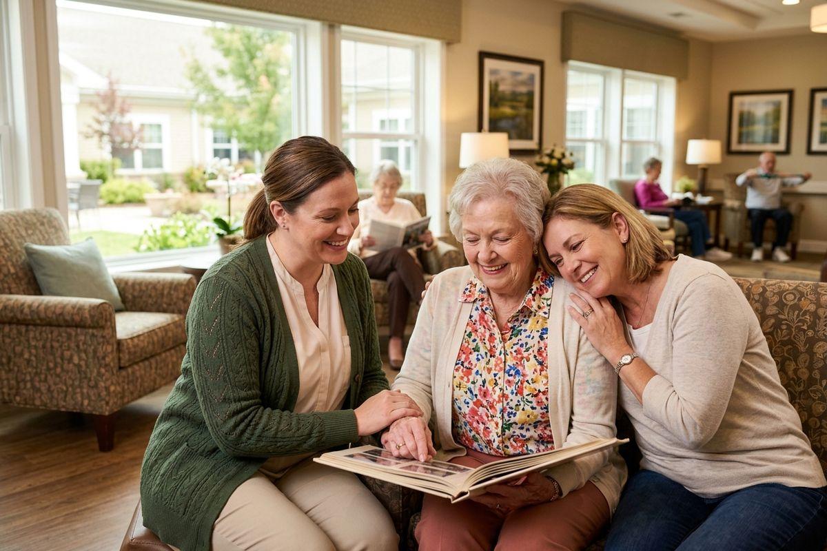 A family embrace and recount memories while looking at a photo album in a senior living common area.