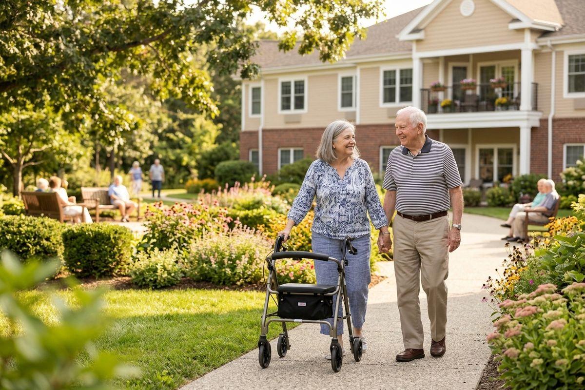 A pair of seniors enjoys a walk together along a paved pathway in a senior living community.