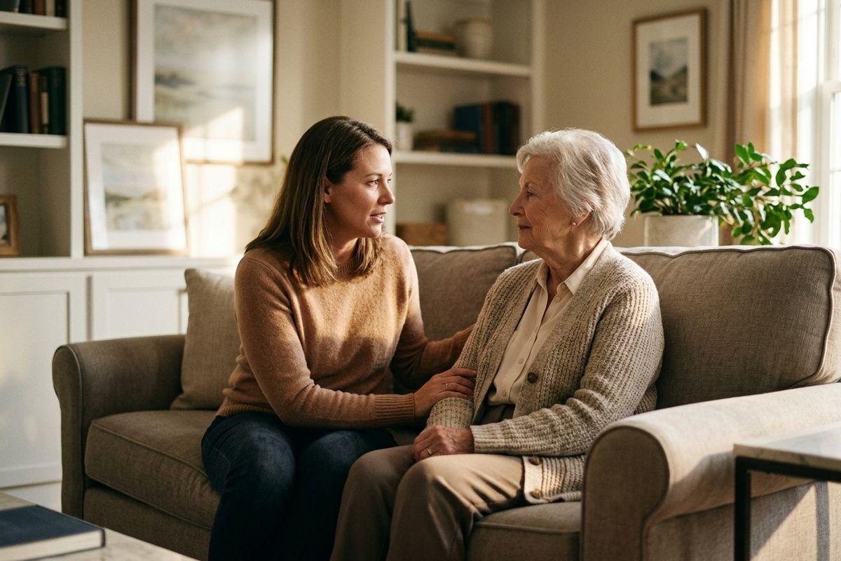 An adult child sits beside their older parent on a couch and touches their arm during a visit in memory care.
