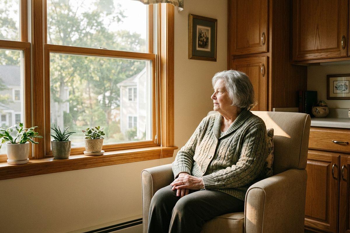 Elderly senior sits in a beige armchair by a large sunlit window, hands folded, gazing outside.