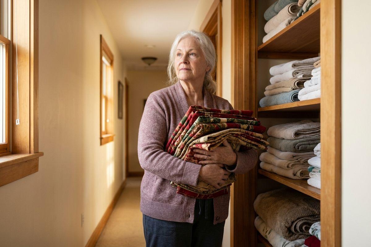 An older senior in a pink cardigan stands in a sunny hallway, holding a stack of colorful blankets near shelves of folded towels.