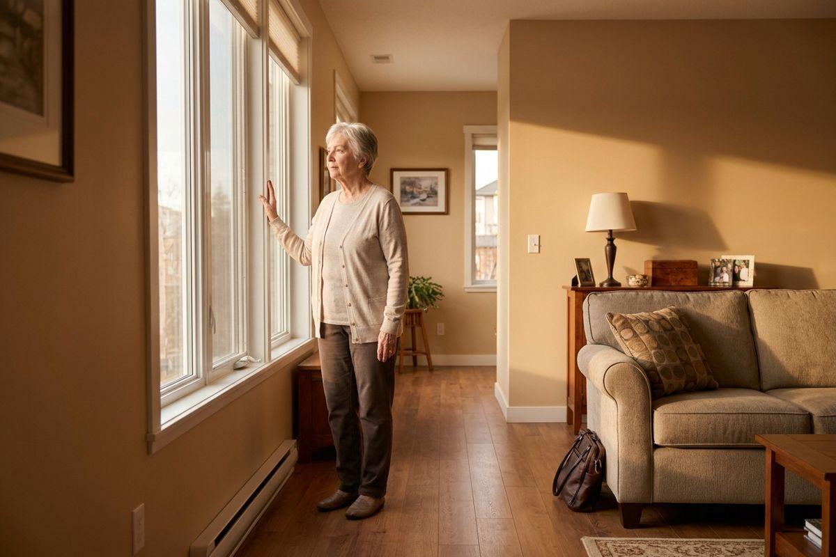 Older adult stands at a living room window, hand resting on the frame, looking outside.
