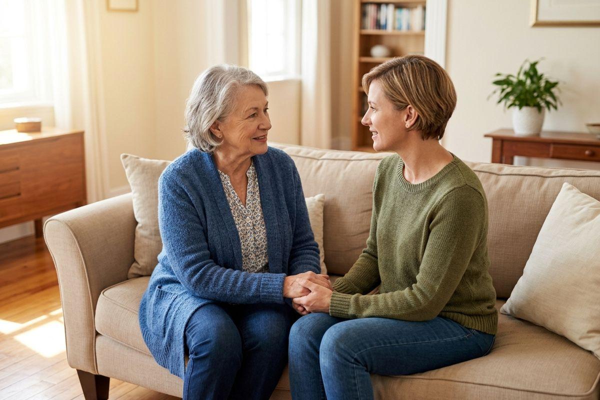 An older adult and a senior sit on the couch, hand-in-hand talking to each other about assisted living. 