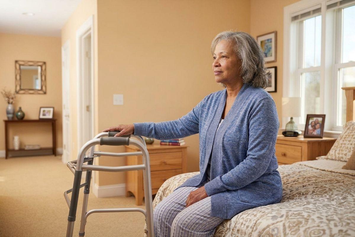 Older adult sits on the edge of a bed in a bedroom, one hand resting on a walker, looking toward a sunlit window.