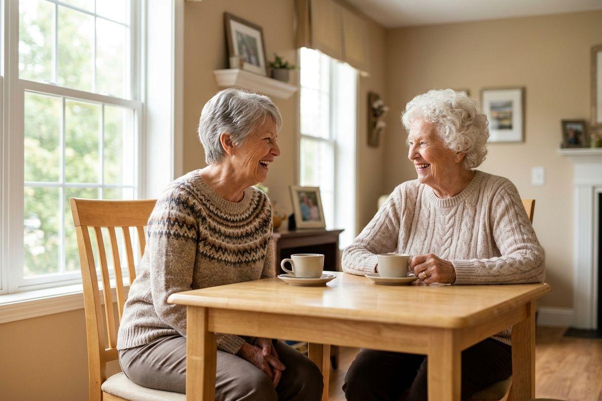 Two older adults sit at a table and have a conversation while laughing. 
