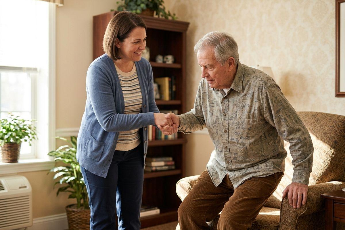 A caregiver smiles while helping an older adult stand up from an armchair in a living room with bookshelf and plants.